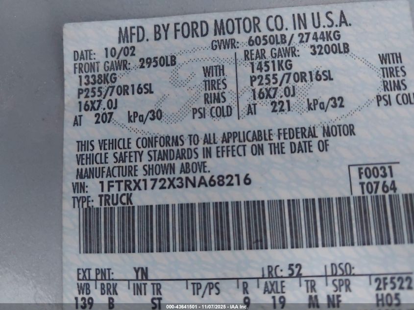 2003 Ford F-150 Xl/Xlt VIN: 1FTRX172X3NA68216 Lot: 43641501