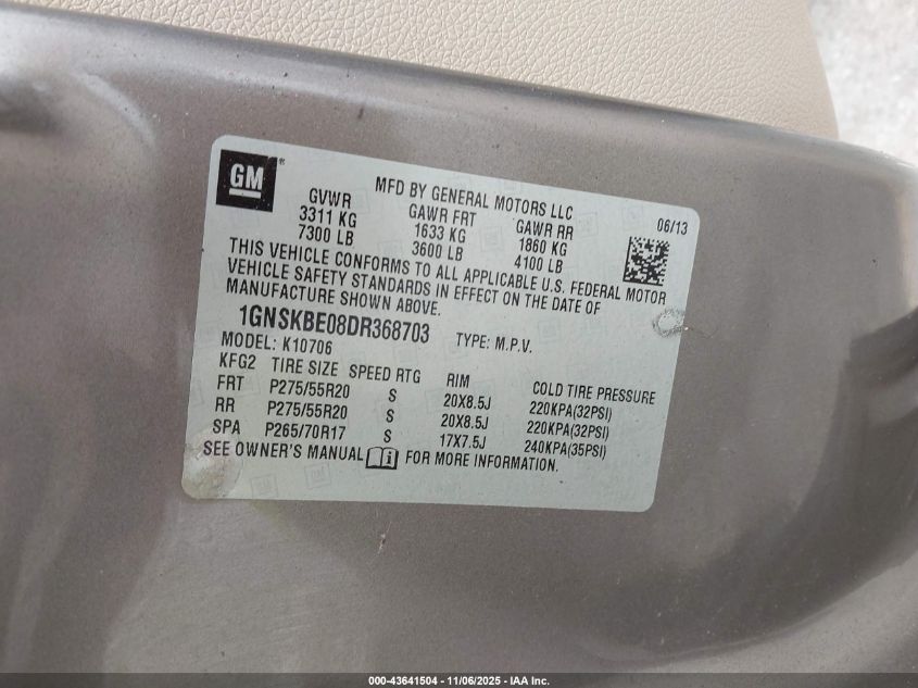 2013 Chevrolet Tahoe Lt VIN: 1GNSKBE08DR368703 Lot: 43641504