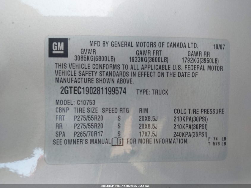 2008 GMC Sierra 1500 Sle1 VIN: 2GTEC190281199574 Lot: 43641516