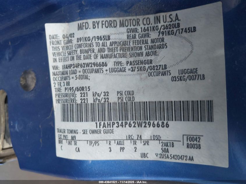 2002 Ford Focus Se VIN: 1FAHP34P62W296686 Lot: 43641521