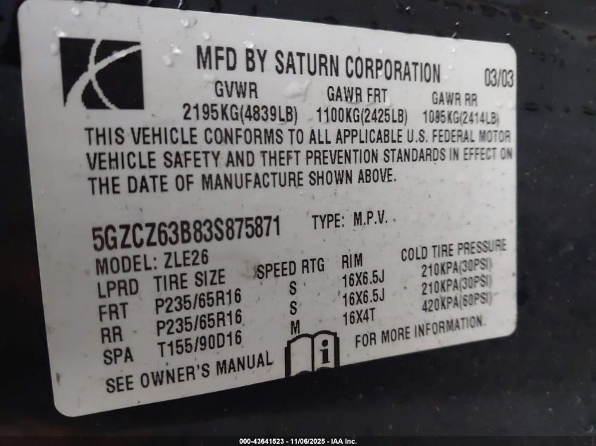 2003 Saturn Vue V6 VIN: 5GZCZ63B83S875871 Lot: 43641523