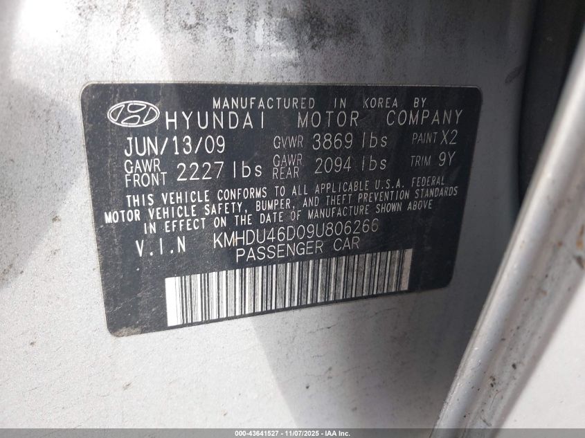2009 Hyundai Elantra Gls VIN: KMHDU46D09U806266 Lot: 43641527