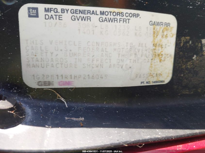 1987 Pontiac Fiero VIN: 1G2PE11R1HP216045 Lot: 43641531