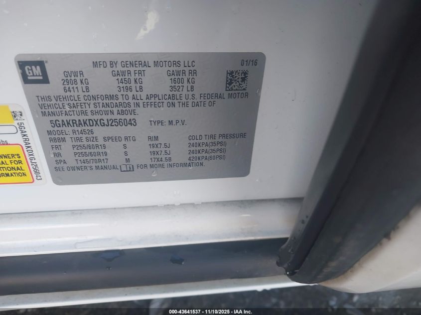 2016 Buick Enclave Convenience VIN: 5GAKRAKDXGJ256043 Lot: 43641537