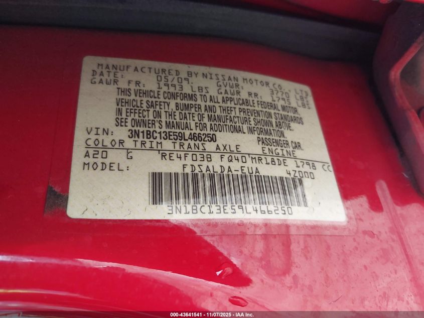 2009 Nissan Versa 1.8S VIN: 3N1BC13E59L466250 Lot: 43641541