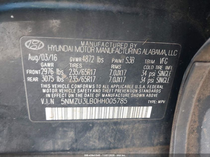 2017 Hyundai Santa Fe Sport 2.4L VIN: 5NMZU3LB0HH005785 Lot: 43641549