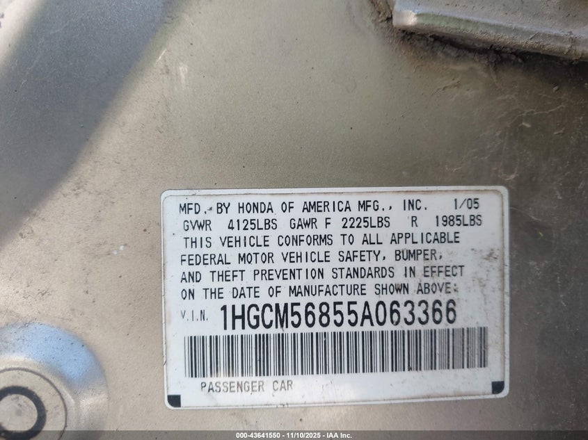 1HGCM56855A063366 2005 HONDA ACCORD photo no. 9
