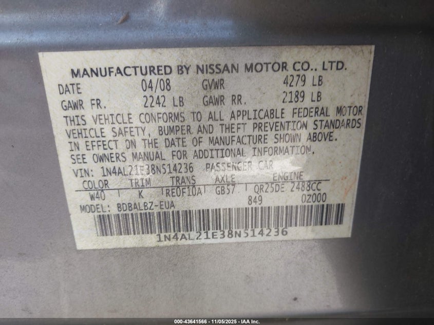 1N4AL21E38N514236 2008 NISSAN ALTIMA photo no. 9
