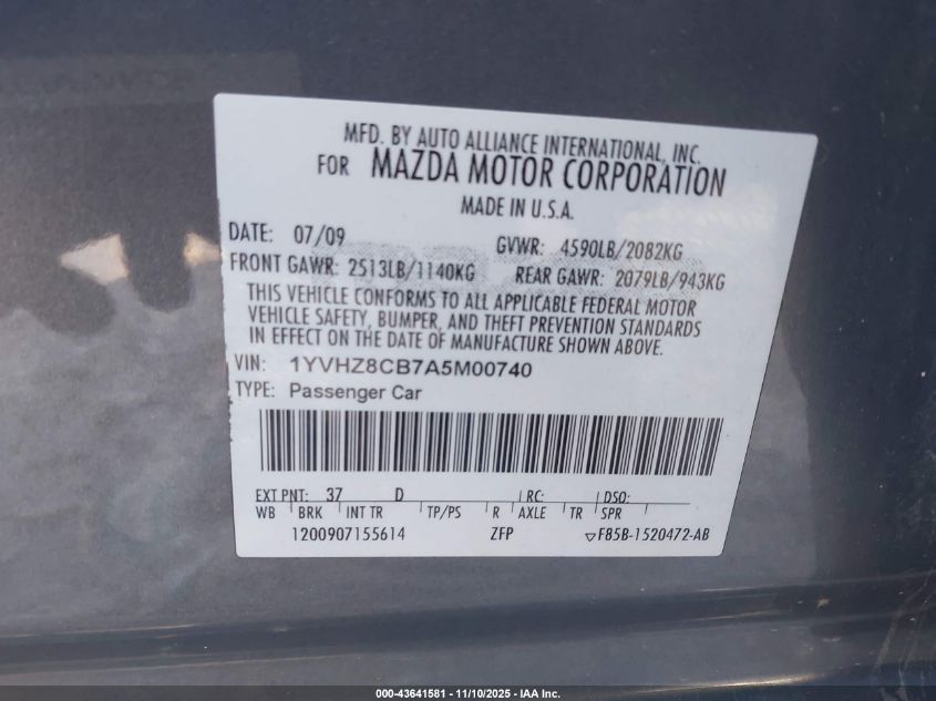 2010 Mazda Mazda6 S Grand Touring VIN: 1YVHZ8CB7A5M00740 Lot: 43641581