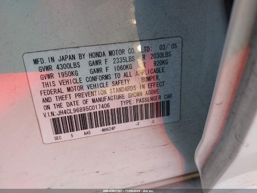 2005 Acura Tsx VIN: JH4CL96895C017406 Lot: 43641587