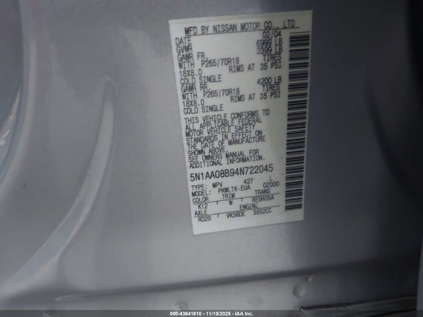2004 Nissan Pathfinder Armada Se VIN: 5N1AA08B94N722045 Lot: 43641610
