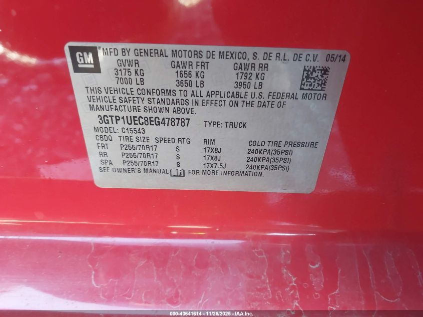 2014 GMC Sierra 1500 Sle VIN: 3GTP1UEC8EG478787 Lot: 43641614