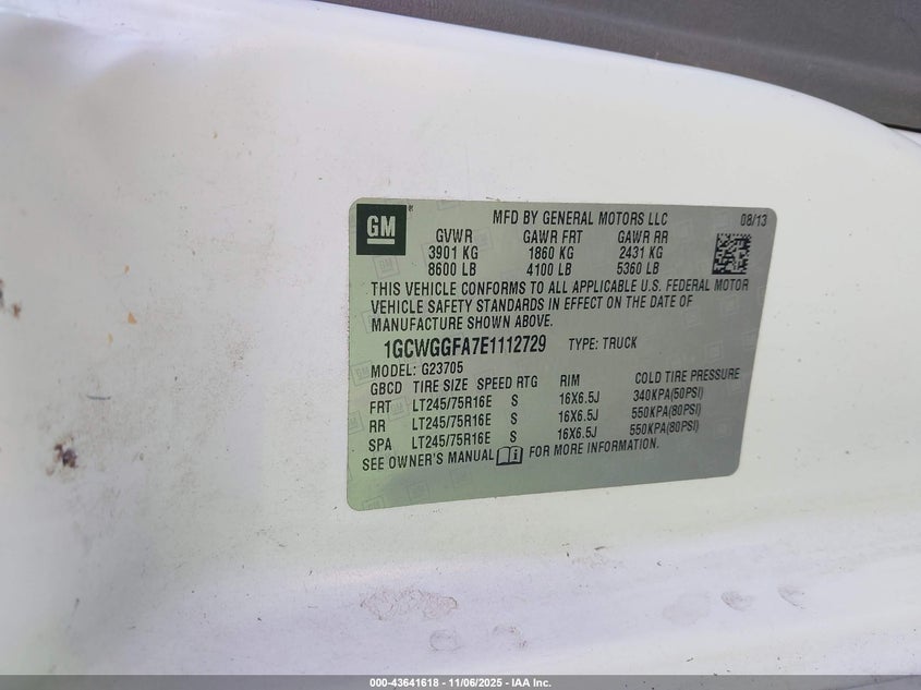 2014 Chevrolet Express 2500 Work Van VIN: 1GCWGGFA7E1112729 Lot: 43641618