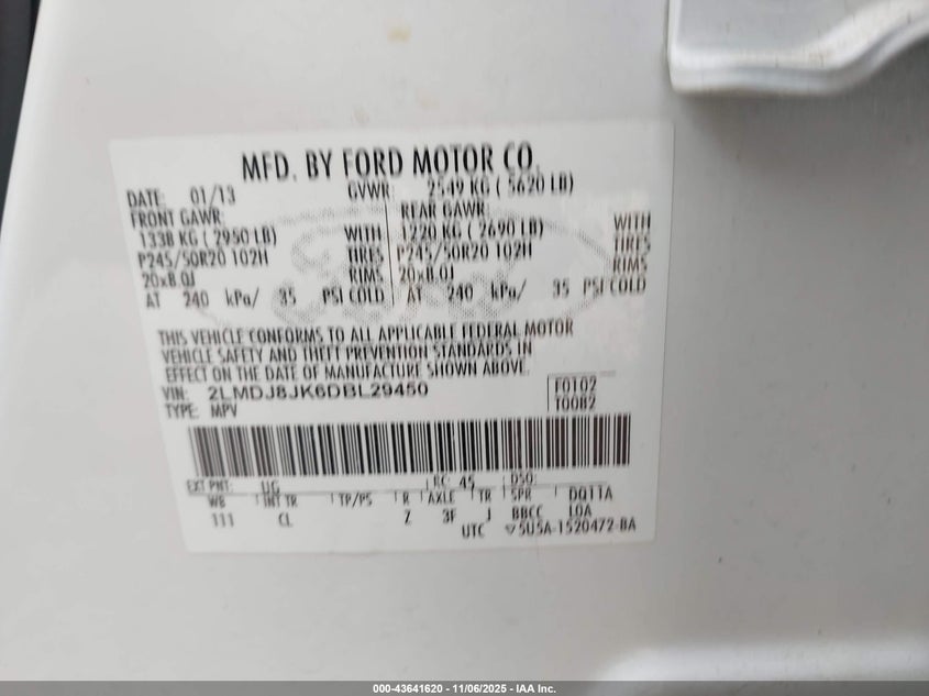 2013 LINCOLN MKX 2LMDJ8JK6DBL29450