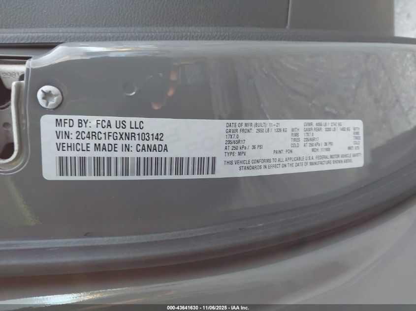 2022 Chrysler Pacifica Touring VIN: 2C4RC1FGXNR103142 Lot: 43641630