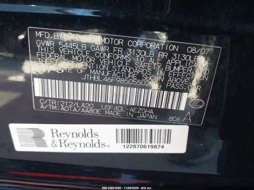2008 Lexus Ls 460 VIN: JTHBL46F985055028 Lot: 43641640