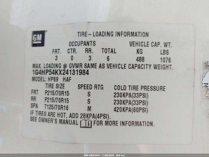 2002 Buick Lesabre Custom VIN: 1G4HP54KX24131984 Lot: 43641644