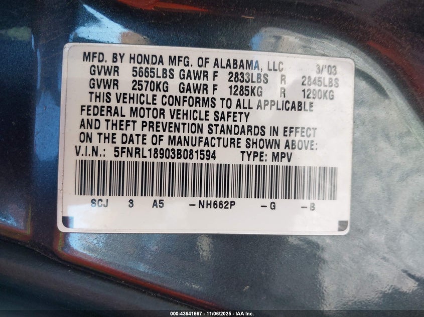 5FNRL18903B081594 2003 HONDA ODYSSEY photo no. 9
