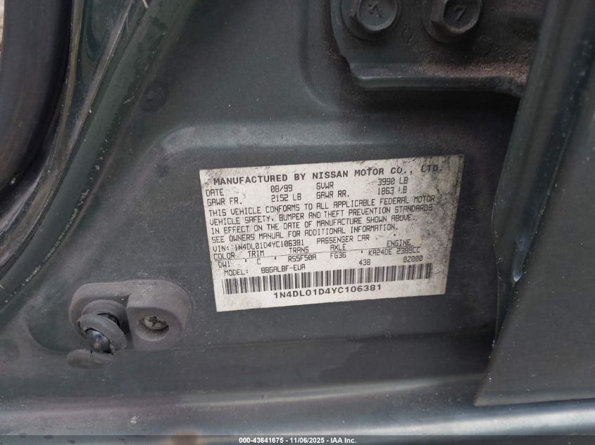 2000 Nissan Altima Gle/Gxe/Se/Xe VIN: 1N4DL01D4YC106381 Lot: 43641675