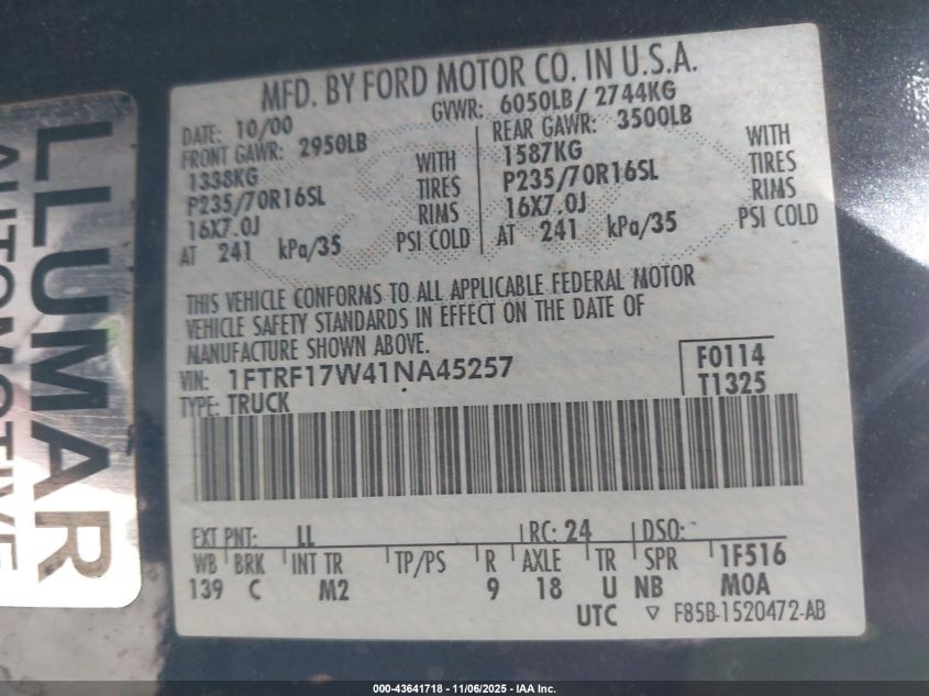 2001 Ford F-150 Xl/Xlt VIN: 1FTRF17W41NA45257 Lot: 43641718