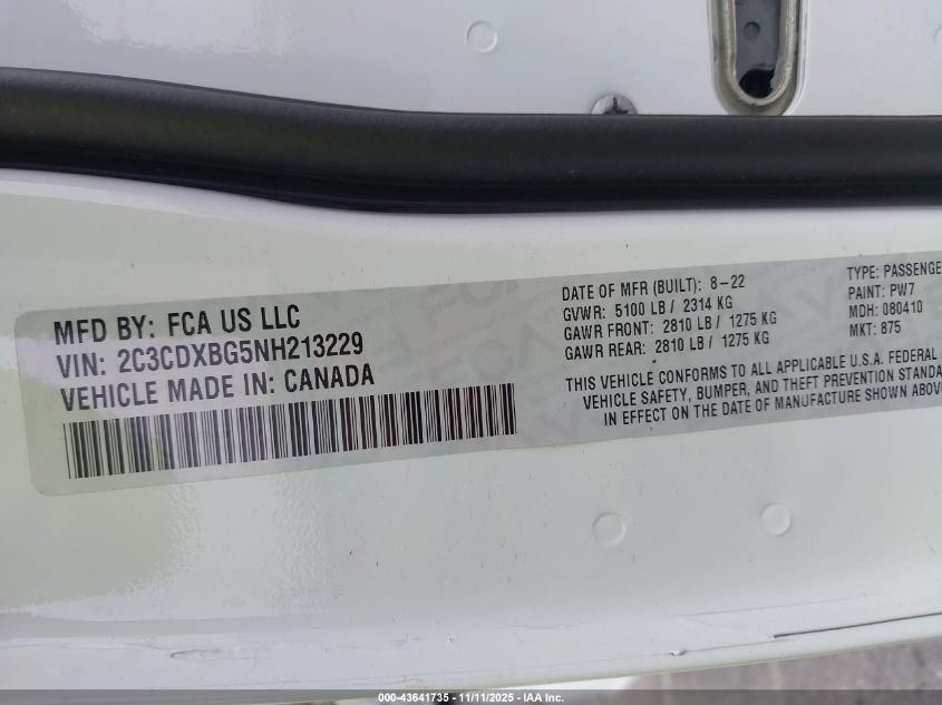 2022 Dodge Charger Sxt Rwd VIN: 2C3CDXBG5NH213229 Lot: 43641735
