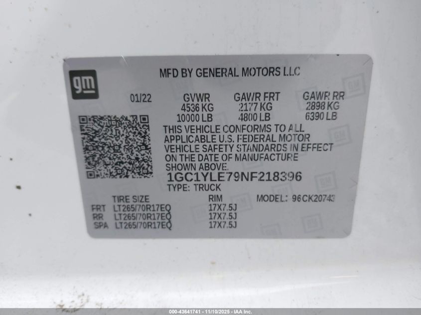 2022 Chevrolet Silverado 2500Hd 4Wd Standard Bed Wt VIN: 1GC1YLE79NF218396 Lot: 43641741