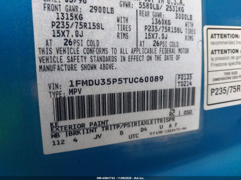 1996 Ford Explorer VIN: 1FMDU35P5TUC60089 Lot: 43641743