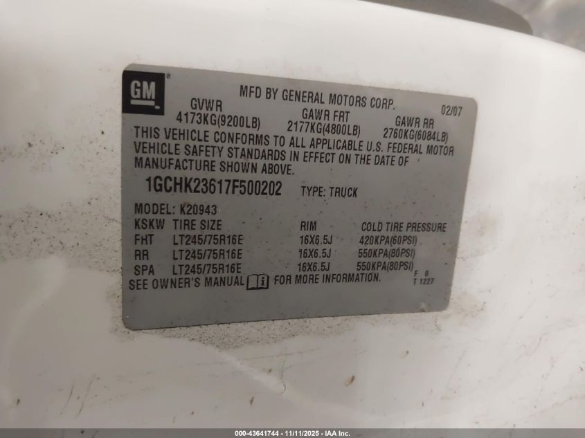 2007 Chevrolet Silverado 2500Hd Work Truck VIN: 1GCHK23617F500202 Lot: 43641744