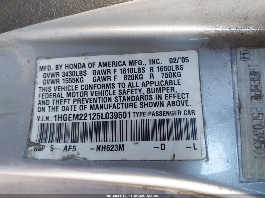 2005 Honda Civic Vp VIN: 1HGEM22125L039501 Lot: 43641752