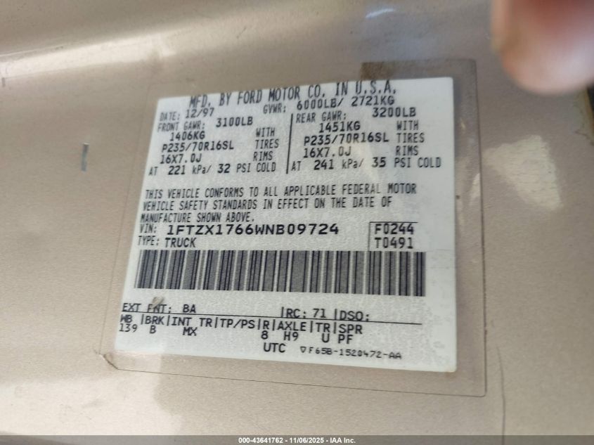 1998 Ford F-150 Lariat/Standard/Xl/Xlt VIN: 1FTZX1766WNB09724 Lot: 43641762