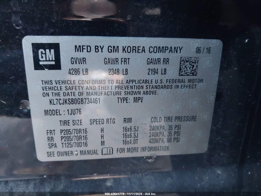 2016 CHEVROLET TRAX 1LS - KL7CJKSB0GB734461