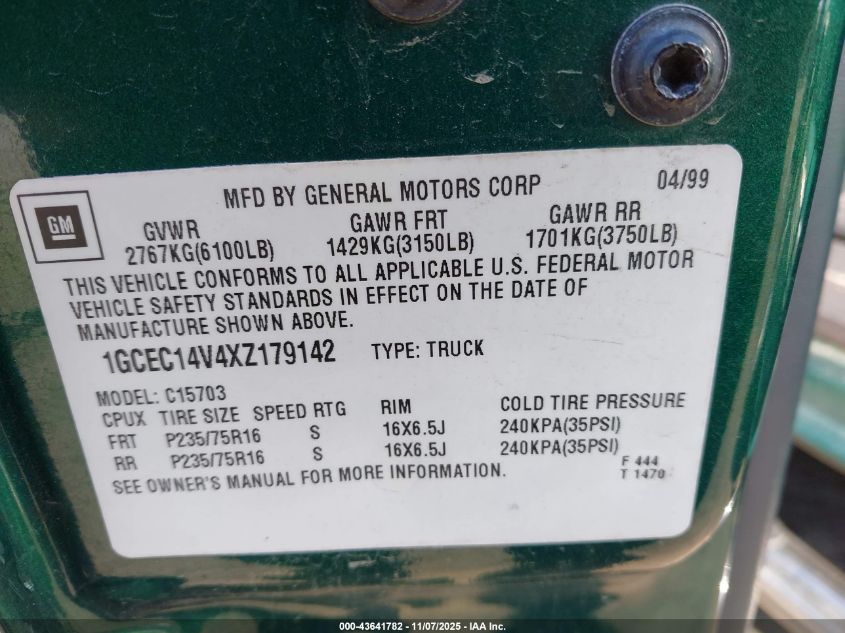 1999 Chevrolet Silverado 1500 Ls VIN: 1GCEC14V4XZ179142 Lot: 43641782
