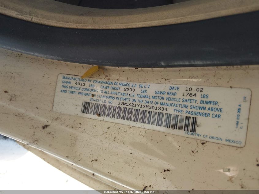 2003 Volkswagen New Beetle Gls VIN: 3VWCK21Y13M301334 Lot: 43641797