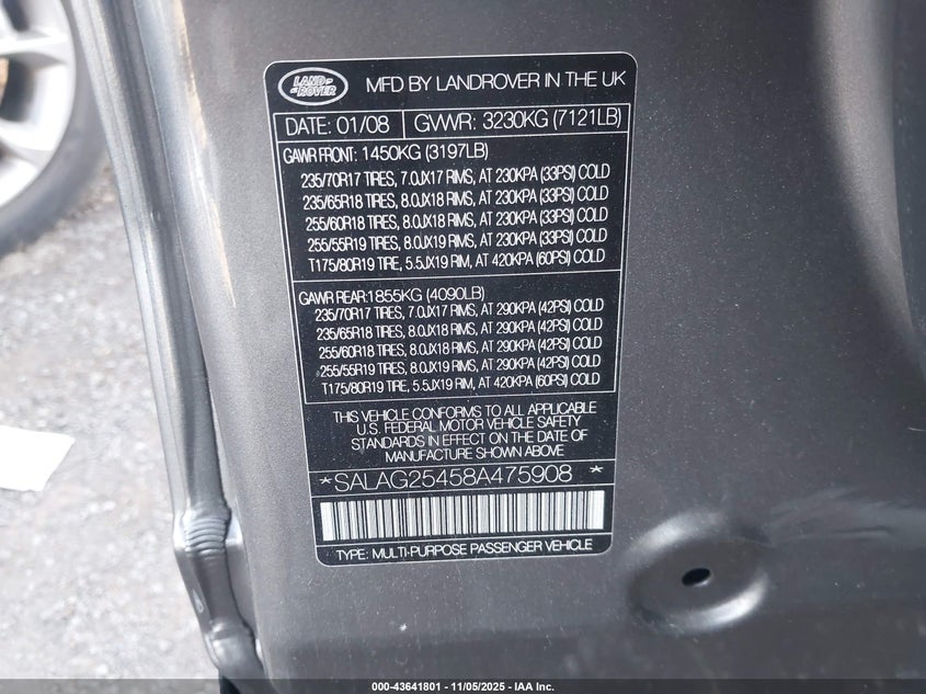 2008 Land Rover Lr3 V8 Hse VIN: SALAG25458A475908 Lot: 43641801