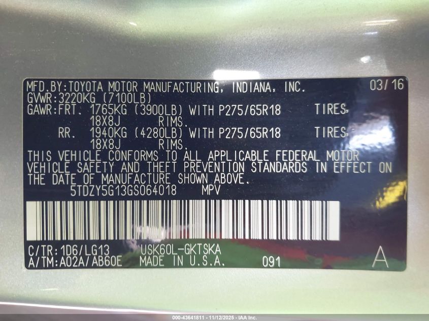 2016 Toyota Sequoia Sr5 5.7L V8 VIN: 5TDZY5G13GS064018 Lot: 43641811