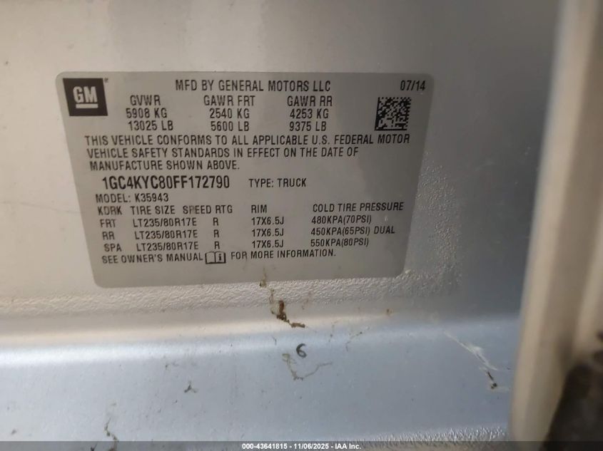 2015 Chevrolet Silverado 3500Hd Wt VIN: 1GC4KYC8OFF172790 Lot: 43641815