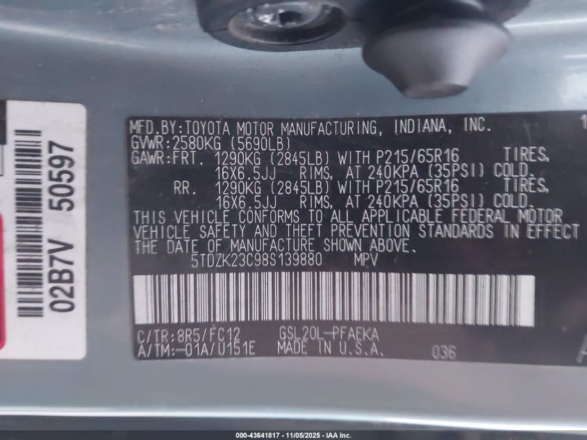 2008 Toyota Sienna Le VIN: 5TDZK23C98S139880 Lot: 43641817