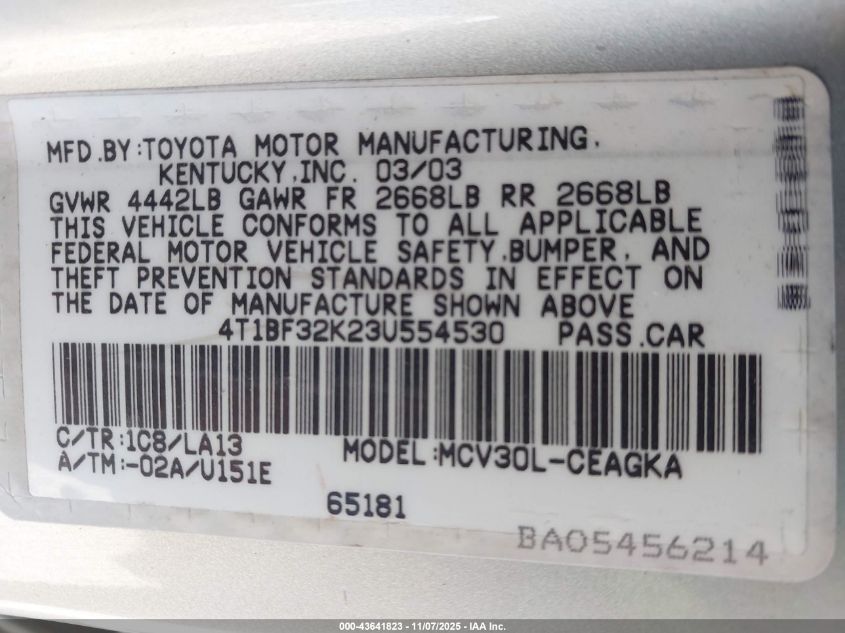 2003 Toyota Camry Xle V6 VIN: 4T1BF32K23U554530 Lot: 43641823