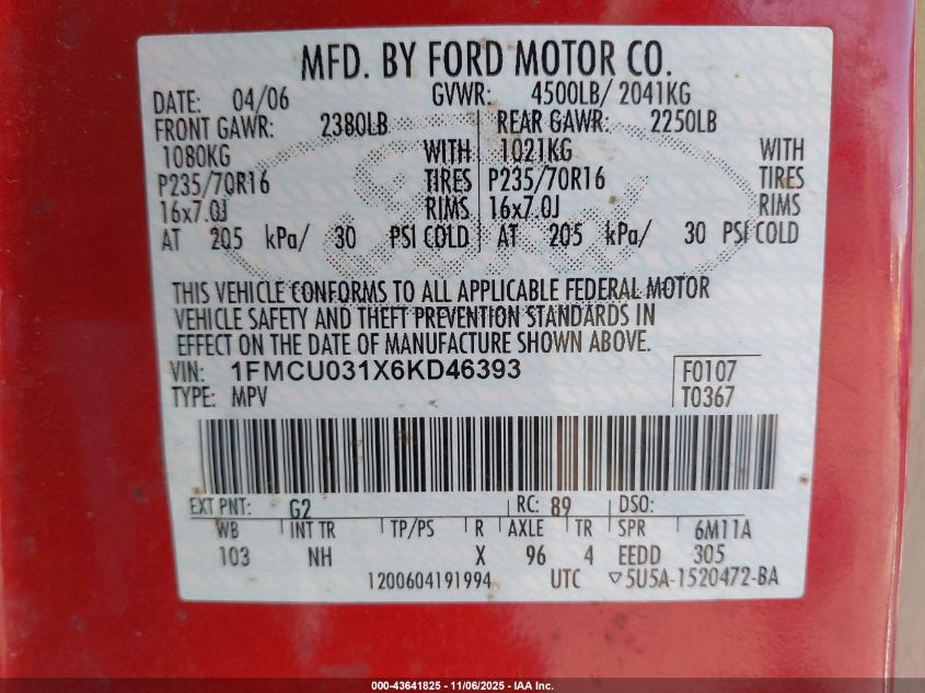 2006 Ford Escape Xlt/Xlt Sport VIN: 1FMCU031X6KD46393 Lot: 43641825
