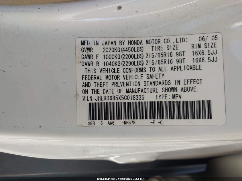 2005 Honda Cr-V Lx VIN: JHLRD685X5C018335 Lot: 43641830