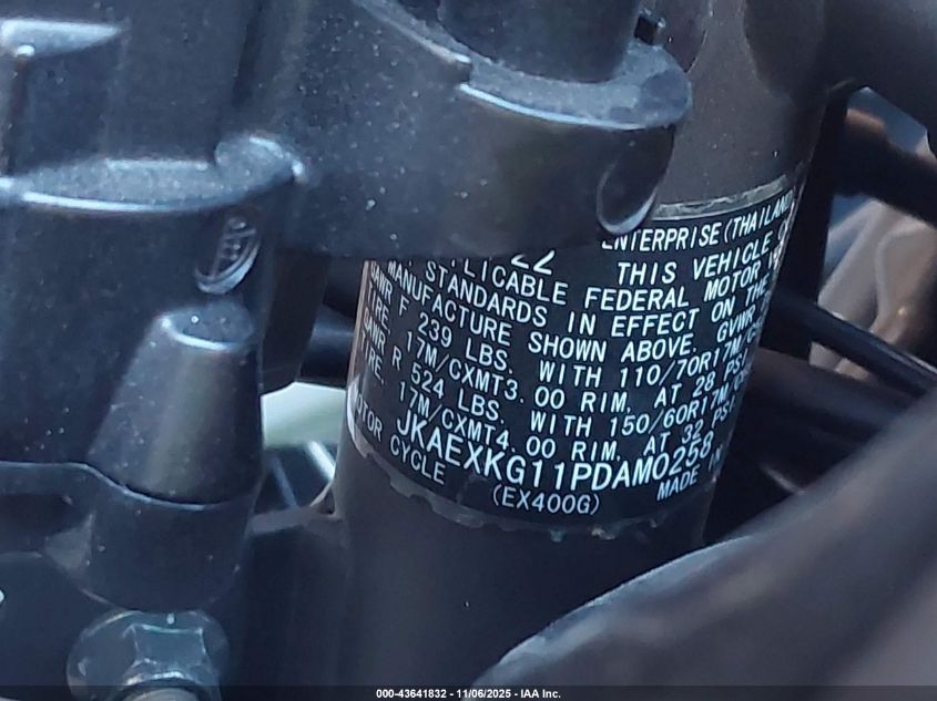 2023 Kawasaki Ex400 VIN: JKAEXKG11PDAM0258 Lot: 43641832