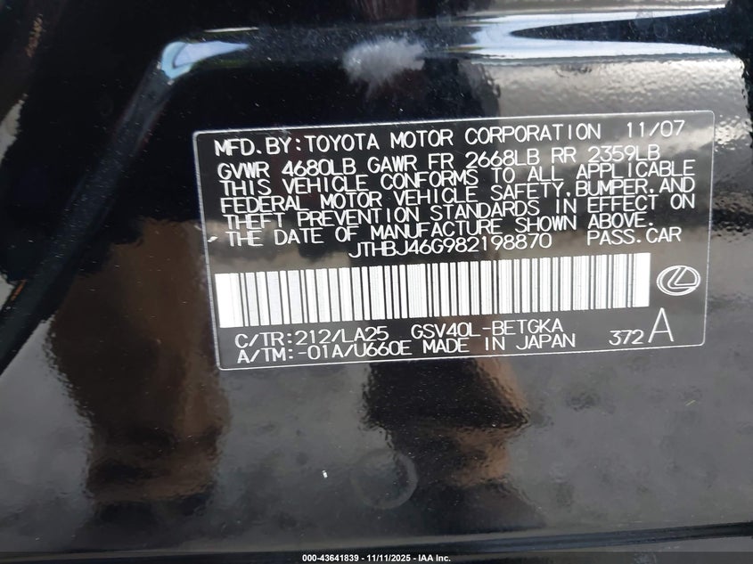 JTHBJ46G982198870 2008 LEXUS ES photo no. 9