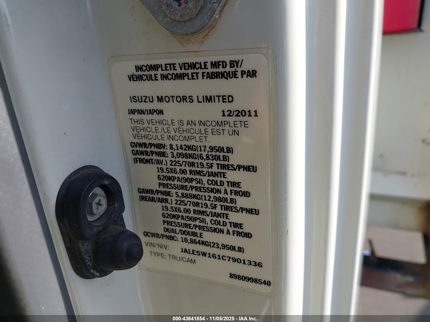 2012 Isuzu Dsl Reg VIN: JALE5W161C7901336 Lot: 43641854