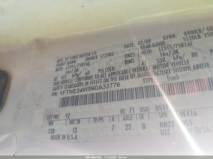 2009 Ford E-250 Commercial/Recreational VIN: 1FTNE24W59DA33776 Lot: 43641855