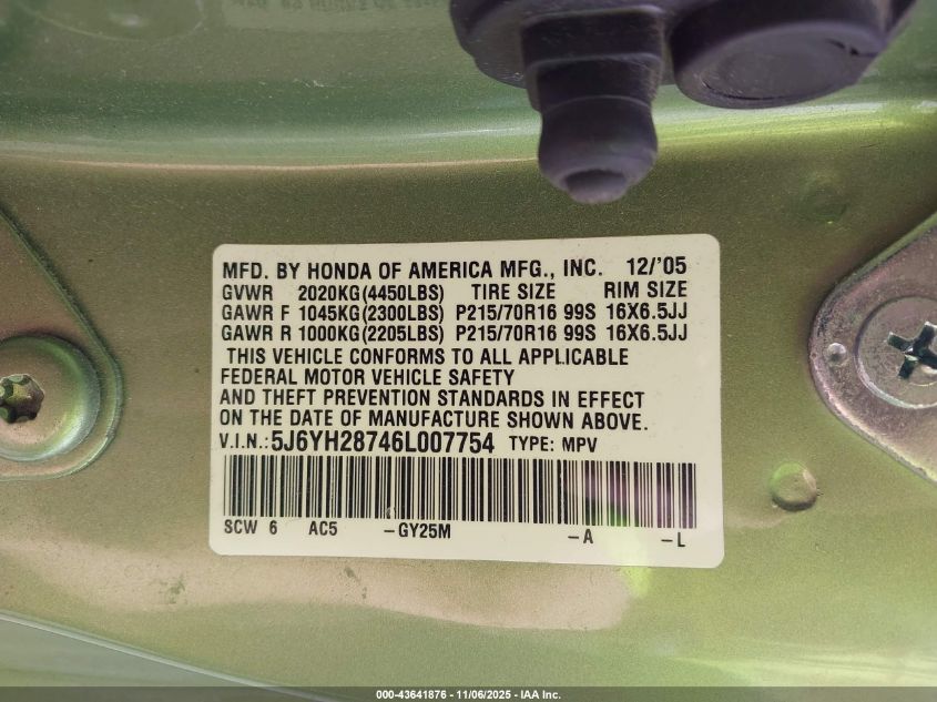 2006 Honda Element Ex-P VIN: 5J6YH28746L007754 Lot: 43641876