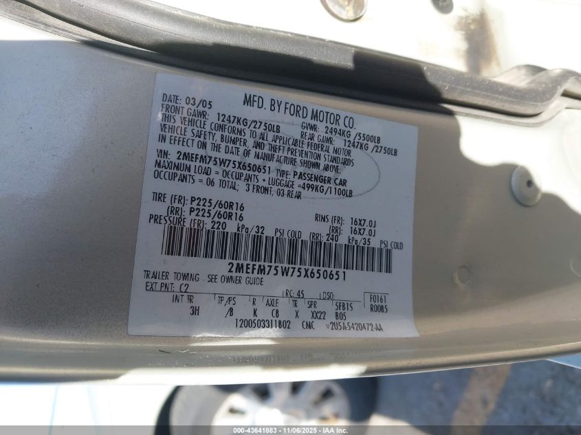 2005 Mercury Grand Marquis Ls/Lse VIN: 2MEFM75W75X650651 Lot: 43641883