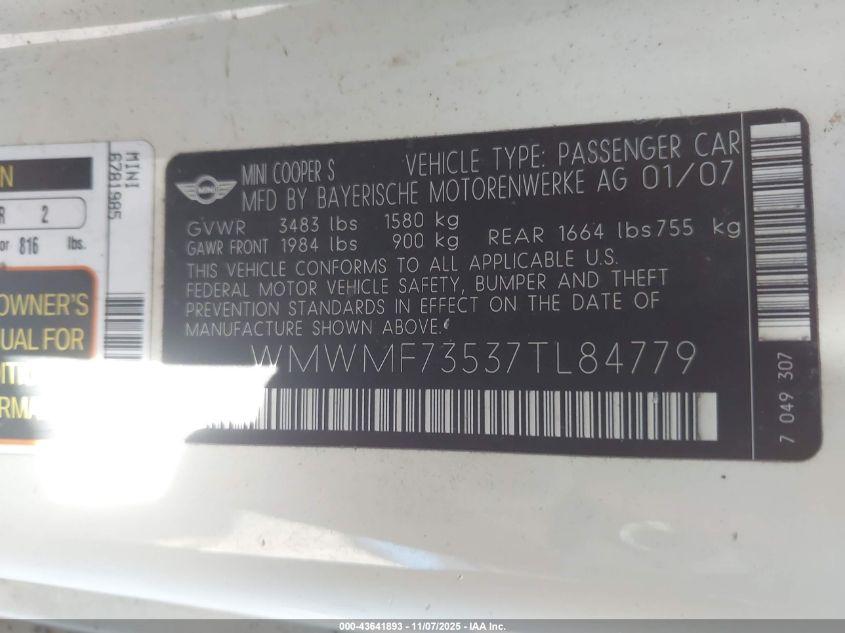 2007 Mini Cooper S VIN: WMWMF73537TL84779 Lot: 43641893