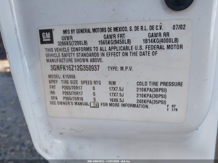 2002 Chevrolet Suburban 1500 Z71 VIN: 3GNFK16Z12G350937 Lot: 43641912