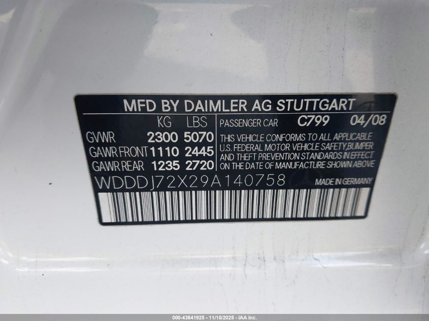 2009 Mercedes-Benz Cls 550 VIN: WDDDJ72X29A140758 Lot: 43641925