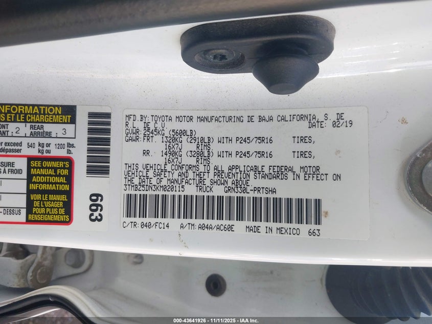 2019 TOYOTA TACOMA SR5 - 3TMBZ5DN3KM020115